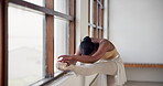 Dance, window and a black woman stretching for ballet while getting ready for training, recital or rehearsal. Fitness, creative and warm up with a ballerina in an artistic studio for expression