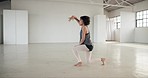 Dance, music and freedom with a woman in a studio for fitness, wellness or training for performance. Health, creative and energy with a professional young dancer in an artistic workshop for exercise