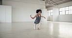 Dance, music and energy with a woman in a workshop for fitness, wellness or training for performance. Health, creative and workout with a professional young dancer in an artistic studio for exercise