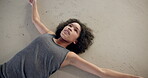 Dance, tired and a woman breathing on the floor of a studio from above after fitness, exercise or a workout. Art, exhausted and lying with a young ballerina on the ground while training as a dancer