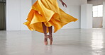 Feet, dancing and a ballet woman for performance in a creative art studio with energy and passion. Legs and shoes of ballerina dancer practice for theater and freedom with balance, textile and talent