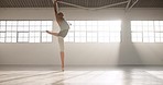 Dance, ballet and talent with woman in studio for performance, theater or creative academy Health, music and freedom with elegant ballerina training in class for wellness, practice routine or balance