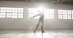 Creative, ballet and art with woman in studio for performance, theater and dance academy Health, music and freedom with elegant ballerina training in class for wellness, practice routine and balance