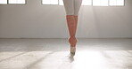 Ballet, shoes and legs in performance, dance and professional moving. Ballerina, woman and pointe of creative person in art training, balance or exercise for fitness of healthy body on mockup space