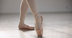 Ballerina, pointe shoes and stretching feet, dance and professional moving. Ballet, woman and legs of creative person in art pose, workout or exercise for fitness health, wellness and performance