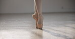 Shoes, ballerina and legs in performance, dance or professional moving in competition. Ballet, woman and pointe of creative person in art training, balance workout or exercise for fitness in closeup