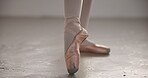 Ballet, pointe shoes and legs in performance, dance and professional moving. Ballerina, woman and feet of creative person in art pose, workout or exercise for fitness health, wellness or mockup space