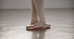 Ballet, pointe shoes and legs in performance, dance and professional moving. Ballerina, woman and feet of creative person in art pose, workout or exercise for fitness health, wellness or mockup space