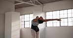 Ballet, woman and stretching back in dance with fitness, training and creative performance in practice or exercise with art. Dancing, ballerina and movement of body with freedom, talent and music