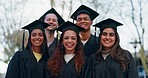 University graduation, students and face of group smile for success, achievement or college award. Portrait, happy graduates and diversity friends in celebration of academic pride, education or event