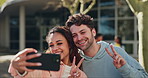 Selfie, peace sign and a couple on campus posing for a picture together as a memory of college or university. Education, smile for photography with a man and woman student outdoor for study or growth