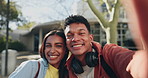 Selfie, peace sign and a couple at university or college campus posing for a picture together as a memory. Education, portrait or smile for photography with a man and woman student outdoor for study