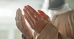 Mosque, prayer and hands of Islamic man with love, mindfulness and gratitude in faith. Worship, religion and Muslim teacher in holy temple praise, spiritual teaching and peace Ramadan in Morocco.