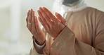 Islam, prayer and hands of man in mosque with love mindfulness and gratitude in faith for Eid. Worship, religion and Muslim person in holy temple praise, spiritual teaching and peace in ramadan.