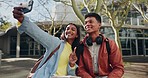 Selfie, peace sign and smile with a couple on campus posing for a picture together as a memory of college. Education, happy at university for photography with a man and woman student outdoor to study