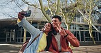 Happy students, friends and selfie at campus in photography, memory or peace sign together. Man and woman smile for photograph, picture or social media in scholarship or outdoor friendship at college