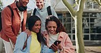 Students, group of people and phone for funny post, internet meme and social media at university or campus. Happy gen z friends in school profile picture, mobile chat or website at college or outdoor