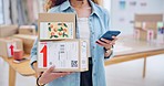 Package, startup and closeup of woman with phone for business at a fashion retail boutique. Networking, technology and female entrepreneur with cardboard boxes and cellphone for delivery information.