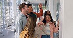 Exam results, success and university students high five at campus hallway. Excited group pass test in college, goal achievement and people celebrate winner of scholarship offer, good news or victory