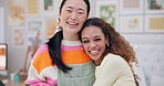 Face, laughing friends and women hug in home, bonding and healthy interracial relationship. Portrait, funny and happy girls embrace, people smile and care for connection, support and trust together