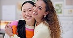 Face, funny friends and women hug in home, bonding and healthy interracial relationship. Portrait, laughing and happy girls embrace, people smile and care for connection, support and trust together