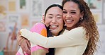 Face, funny friends and girl hug in home, bonding and healthy interracial relationship. Portrait, laughing and happy women embrace, people smile and care for connection, support and trust together