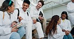 Group, college and medical students on stairs, talking and communication together. University, healthcare science and men and women in campus for learning, studying or happy for doctor education.