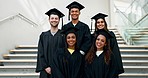 Happy students, graduation and group in achievement, accomplishment or celebration together at campus. Portrait of people, friends or graduate in milestone, degree or diploma for education or goals