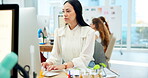 Business woman, typing and planning on computer for online marketing, copywriting and editing website. Professional worker, writer or editor for blog research or email on desktop at creative agency