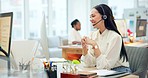 Call center, customer support and woman in office for consulting, help and advice on computer. Telemarketing, talking and business person in conversation for communication, CRM service and contact