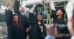 Graduate, group and celebration with graduation cap throw and excited from university degree. College, friends and happy people together with achievement, motivation and education event with a smile