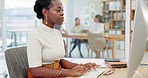Business woman, typing and working on computer for online marketing, copywriting and web editing. Professional worker, writer or african editor typing, research or email on desktop at creative agency