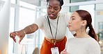 Business women, questions and teamwork on computer in online marketing, copywriting or editing training. Employees, editor and manager report, project advice and support, coworking or collaboration
