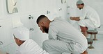 Muslim, wash routine and men before eid prayer in bathroom for purity, and cleaning ritual. Islamic, worship and faith of group of people with wudu together at a mosque or temple for holy practice