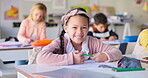 Smile, education and study with girl in classroom for learning, knowledge and writing. Scholarship, happy and future with portrait of young student at school for academy, exam test and project