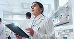 Thinking, tablet and scientist woman in a laboratory with research, online data and pharmaceutical study. Science, working and investigation for medical, healthcare and chemistry work for biotech