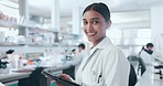 Face, happy scientist and woman on tablet in laboratory, research or online email. Portrait, science technology or smile of Indian medical professional doctor, expert worker or employee on lens flare