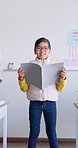 Child, reading assignment and classroom with girl speaker, book and education at school. Students, learn and notebook with development, knowledge and study with story discussion of youth assessment