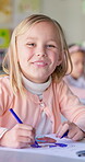 Smile, education and art with girl in classroom for learning, knowledge and writing. Scholarship, happy and drawing with portrait of young student at school for academy, exam test and project