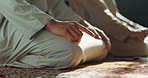 Islam, prayer and men kneeling in mosque with faith, mindfulness and gratitude in meditation. Worship, religion and Muslim people together in holy temple for praise, spiritual teaching and peace.