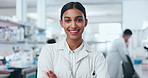 Science, arms crossed and pharmacy with woman in laboratory for medical, smile and vaccine research. Future, medicine and healthcare with portrait of person for chemistry, analysis and biotechnology