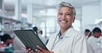 Scientist woman in laboratory with tablet, smile and internet search for results, progress or analysis. Science, online medical research and happy lab technician with digital app for data development