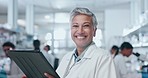 Face, science and smile of woman on tablet in laboratory, research online email and coworking app. Portrait of scientist, technology and mature medical professional doctor, expert and happy leader