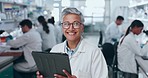 Face, scientist smile and woman on tablet in laboratory, research online email and coworking. Portrait, science technology and mature medical professional doctor, expert in glasses and happy leader