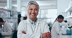 Science, arms crossed and senior with woman in laboratory for medical, pharmacy and vaccine research. Future, medicine and healthcare with portrait of person for chemistry, analysis and biotechnology