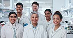 Face, group and happy scientist people in laboratory, research and cooperation. Portrait smile, science team and medical professional doctors, expert worker or employee in collaboration on experiment