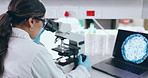 Science, laptop and microscope with a student in a laboratory for research, innovation or medical breakthrough. Medicine, pharmaceuticals and sample study with a scientist working in a biology lab