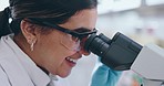 Happy woman, scientist and microscope in forensic, analysis or data in new discovery or research. Closeup of female person, medical or healthcare professional looking at scope in science laboratory