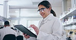 Happy woman, tablet and scientist in research, inspection or results at science laboratory. Female person, medical or healthcare worker smile on technology, data analysis or digital innovation at lab
