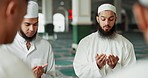 Faith, islamic or men in a mosque for praying, peace and spiritual care in holy religion for Allah. Eyes closed, Ramadan, meditaion or happy Muslim people with trust, hope or gratitude to worship God